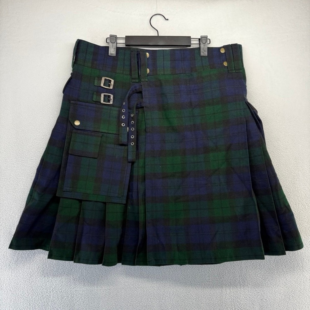 Vintage Kilt Mens 38 Green Black Watch Utility Tartan Plaid Pleated Skirt 90s